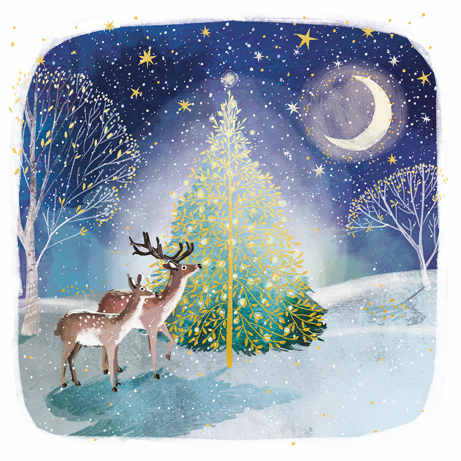 New 'Moonlit Tree' Foil Charity Christmas Cards (Pack of 10) Welsh and English Message Inside