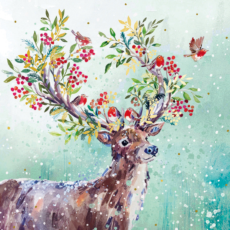 'Festive Deer' Foil Charity Christmas Cards (Pack of 10) Welsh and English Message Inside