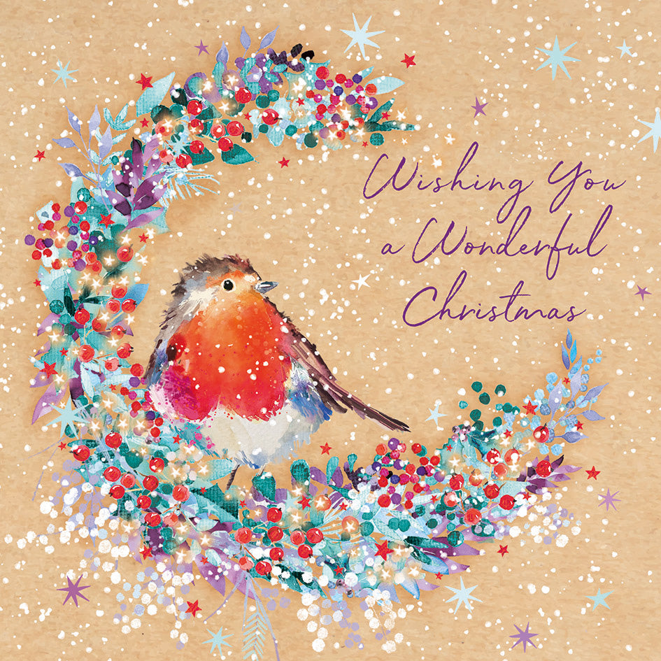 'Crescent Wreath and Robin' Foil Charity Christmas Cards (Pack of 10)