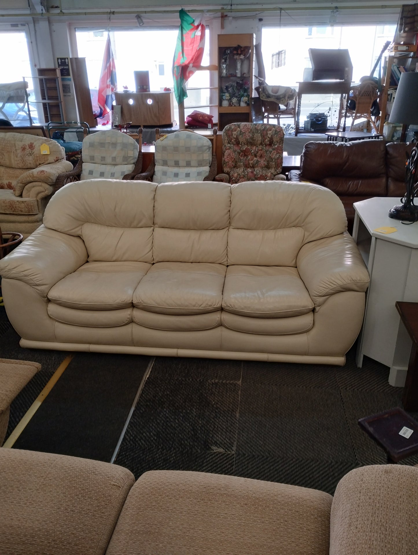 Cream Leather 3 Seater Sofa
